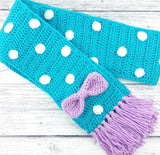 Turquoise, Lilac & White Polka Dot Crochet Scarf with Bow Detail and Tassels, handmade from Acrylic Yarn by VelvetVolcano