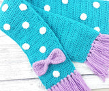 Custom Colour Crochet Polka Dot Scarf with Bow Detail and Tassels for Girls and Women, handmade from Acrylic Yarn by VelvetVolcano