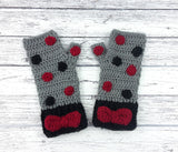 Slate Grey crochet hand warmers with Burgundy and Black polka dot pattern, Black cuffs and a Burgundy bow in the centre of the cuff. Polka Dot Bow Fingerless Gloves (Custom Colour) by VelvetVolcano