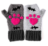 CorpseKitty Fingerless Gloves - Grey, Black & Hot Pink Frankensteins Monster & Zombie Cat Inspired Hand Warmers by VelvetVolcano