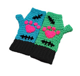 FrankenKitty Fingerless Gloves - Neon Green, Turquoise, Black & Neon Pink Frankensteins Monster Inspired Cat Paw Gloves