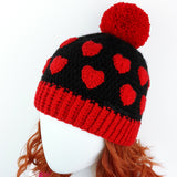 Rose Red & Black Heart Print Pom Pom Acrylic Crochet Beanie by VelvetVolcano