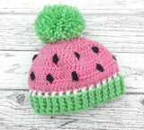 Crochet Kids Watermelon Winter Hat with Pom Pom and Hand Sewn Black Melon Seed Details in Pastel Pink and Light Green