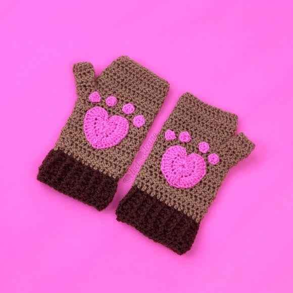 Kitty Paw Fingerless Gloves - Light Brown & Dark Brown Crochet Hand Warmers with Bubblegum Pink Heart Shaped Cat Paws by VelvetVolcano