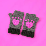 Kitty Paw Fingerless Gloves - Mid Grey & Dark Grey Crochet Hand Warmers with Bubblegum Pink Heart Shaped Cat Paws by VelvetVolcano