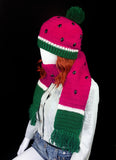 Cerise / Hot Pink, white and emerald green crochet fruit themed scarf with tassels and black rhinestone seeds. Watermelon Scarf (Custom Colour) by VelvetVolcano