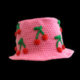 Adults Unisex Light Pink Crochet Sun Hat with Repeating Cherry Pattern by VelvetVolcano