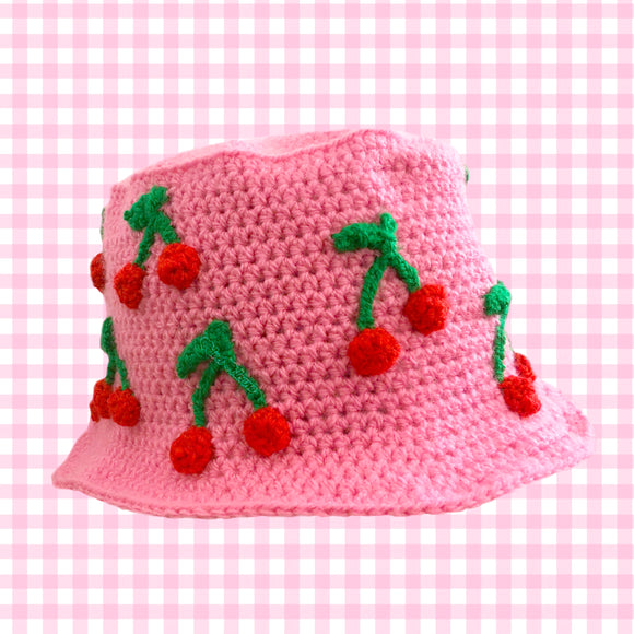 Womens Bubblegum Pink Crochet Bucket Hat with Cherry Applique Repeating Pattern by VelvetVolcano
