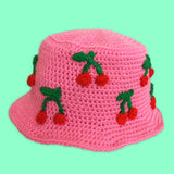 Rockabilly Sun Hat - Bubblegum Pink Crochet Womens / Adult Unisex Bucket Hat with Kawaii Cherry Pattern by VelvetVolcano