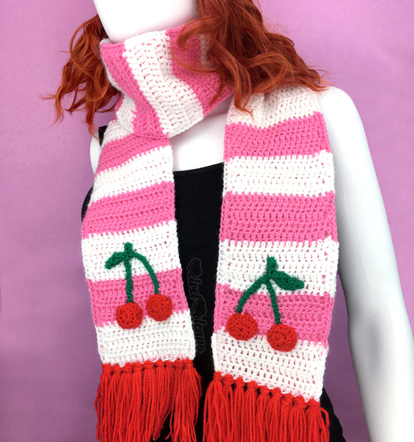 Cherry Stripe Scarf - Bubblegum Pink, White and Red Crochet Scarf with Tassels and Cherry Detail by VelvetVolcano