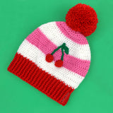 Bubblegum Pink, White & Red Striped Slouchy Crochet Pom Pom Beanie with Cherry Motif by VelvetVolcano