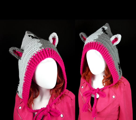 CorpseKitty (FrankenKitty) Pixie Hood - Crochet Pointed Hood with Cat Ears and Frankenstein's Monster Inspired Design made from 100% Acrylic Yarn in Light Grey, Dark Grey, Black and Cerise Pink by VelvetVolcano