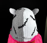 CorpseKitty (FrankenKitty) Pixie Hood - Crochet Pointed Hood with Cat Ears and Frankenstein's Monster Inspired Design made from 100% Acrylic Yarn in Light Grey, Dark Grey, Black and Cerise Pink by VelvetVolcano