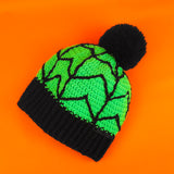 Neon Green crochet bobble hat with black cobweb design and black pom pom and bottom rib. Spider Web Pom Pom Beanie (Custom Colour) by VelvetVolcano