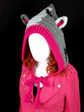 CorpseKitty (FrankenKitty) Pixie Hood - Crochet Pointed Elf / Faerie Hood with Cat Ears and Frankenstein's Monster Inspired Design made from 100% Acrylic Yarn in Light Grey, Dark Grey, Black and Cerise Pink by VelvetVolcano