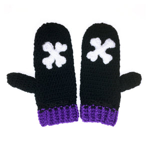 Crossbones Mittens - Crochet Black, White & Violet Hand Warmers with Spooky Bone Applique Detail by VelvetVolcano