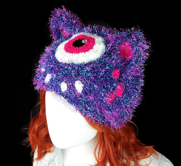 Cyclops Kitty Beanie - Fluffy Tinsel Monster Cat Hat by VelvetVolcano