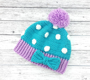 Turquoise, Lilac and White or Custom Colour Polka Dot Pom Pom Beanie with Bow Detail - Kawaii Sweet Lolita Hat by VelvetVolcano