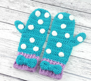 Turquoise, Lilac and White or Custom Colour Crochet Polka Dot Mittens with Bow Detail for Girls or Women by VelvetVolcano