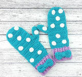 Turquoise, Lilac and White or Custom Colour Crochet Polka Dot Mittens with Bow Detail for Girls or Women by VelvetVolcano