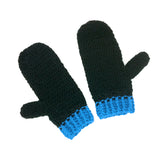 Black crocheted mittens with Kingfisher (medium) blue cuffs by VelvetVolcano