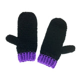 Black crocheted mittens with purple cuffs by VelvetVolcano