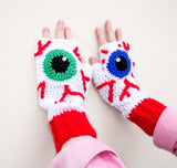 Eye See You Fingerless Gloves - White Fingerless Gloves with Red Cuffs, Eyeball and Blood Shot / Vessels design by VelvetVolcano