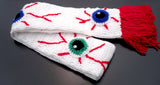 Eye See You Scarf - White Wraparound Crochet Winter Scarf with Spooky Eyeball Pattern and Red Tassels by VelvetVolcano