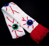 Eye See You Scarf - White Wraparound Crochet Scarf with Spooky Eyeball Pattern and Red Tassels by VelvetVolcano