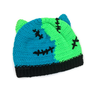 Frankenstein's Monster inspired Zombie cat ear crochet hat in Neon Green, Turquoise & Black - FrankenKitty Beanie by VelvetVolcano