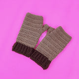 Light Fudge Brown Crochet Hand Warmers with Chocolate Brown Cuffs. VelvetVolcano Custom Colour Duotone Fingerless Gloves