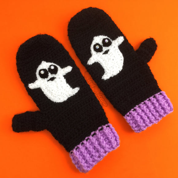 Black & Lilac Crochet Mittens with Ghost Design by VelvetVolcano