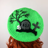 Neon Green Graveyard Beret - Crochet Cemetery Themed Hat by VelvetVolcano