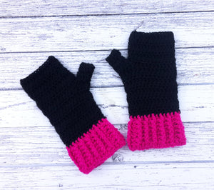 Black & Hot Pink Crochet Fingerless Gloves - Custom Colour Duotone/Duochrome Knit Hand Warmers by VelvetVolcano