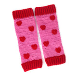Bubblegum pink crochet leg warmers with red heart pattern and red cuffs by VelvetVolcano. 
