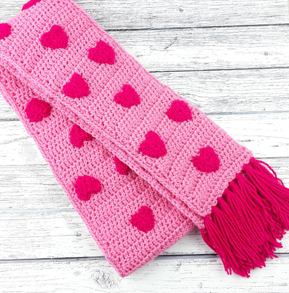 Bubblegum Pink & Hot Pink Heart Pattern Crochet Scarf with Tassels by VelvetVolcano