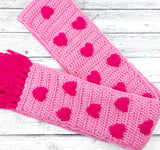 Bubblegum Pink & Hot Pink Heart Pattern Crochet Scarf with Tassels by VelvetVolcano