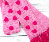 Bubblegum Pink & Cerise Crochet Scarf with Repeated Heart Design and Tassels by VelvetVolcano