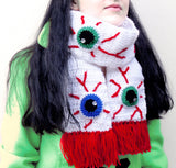 Eye See You Scarf - White Wraparound Crochet Scarf with Spooky Eyeball Pattern and Red Tassels by VelvetVolcano