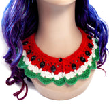 A red, white and green frilly crochet detachable collar designed to look like a melon with black rhinestone seeds. Watermelon Collar (Custom Colour) by VelvetVolcano