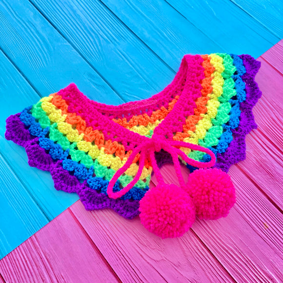 Neon Rainbow Striped Lacy Crocheted Detachable Collar with Pom Pom Ties by VelvetVolcano