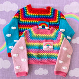 Two kawaii crocheted cropped jumpers in bright rainbow and pastel rainbow themes by VelvetVolcano