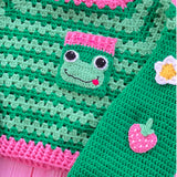 Pastel Green, Bubblegum Pink & Grass Green Cropped Crochet Frog, Strawberry and Daisy Sweater - Kawaii Cottagecore Handmade Jumper by VelvetVolcano