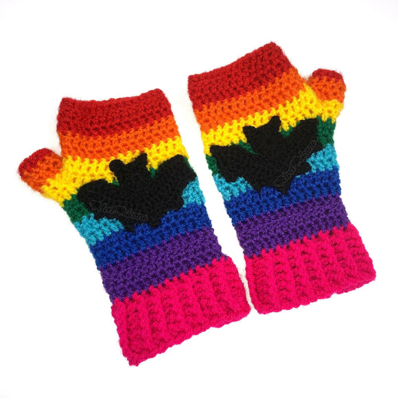 Bright rainbow striped crochet fingerless gloves with black bat applique - Bright Rainbow Bat Fingerless Gloves by VelvetVolcano
