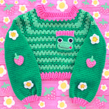 Pastel Green, Bubblegum Pink & Grass Green Cropped Crochet Frog, Strawberry and Daisy Sweater - Kawaii Cottagecore Handmade Jumper by VelvetVolcano
