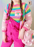Pastel Rainbow Striped Cropped Crochet Jumper with Cloud Sleeves and Rainbow Cloud Pocket by VelvetVolcano