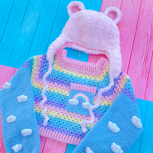 Lilac & Baby Pink Fuzzy Teddy Bear Earflap Beanies - Kawaii Pastel Crochet Bear Ear Hats by VelvetVolcano
