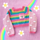 Pastel Rainbow Striped Cropped Crochet Jumper with Cloud Sleeves and Rainbow Cloud Pocket by VelvetVolcano