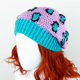 Lilac, turquoise and black animal print hat. Slouchy Leopard Beanie (Custom Colour) by VelvetVolcano