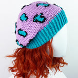 Lilac, turquoise and black animal print hat. Slouchy Leopard Beanie (Custom Colour) by VelvetVolcano